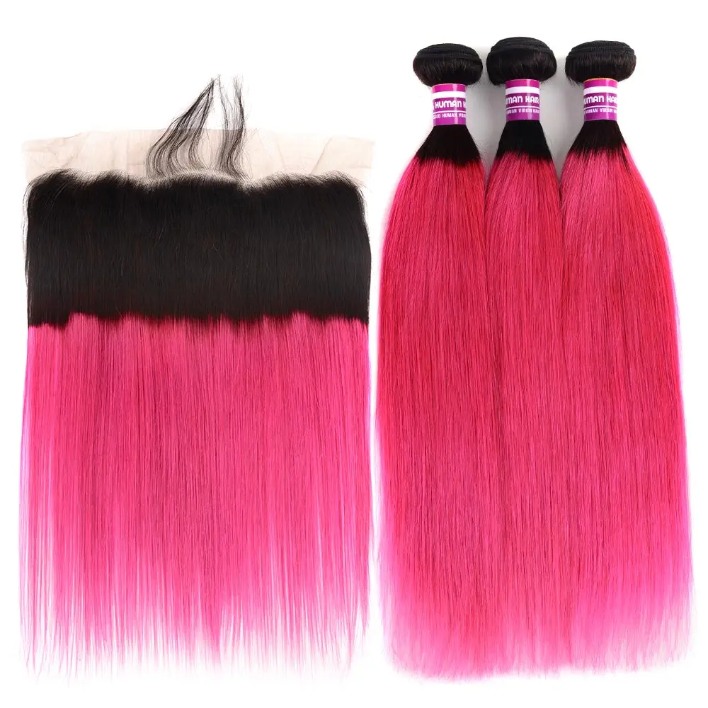 

Colored Roots Straight Hair Bundles With Frontal Remy Human Hair Extension Ombre 3/4 Brazilian Hair Weave Bundles And Closure