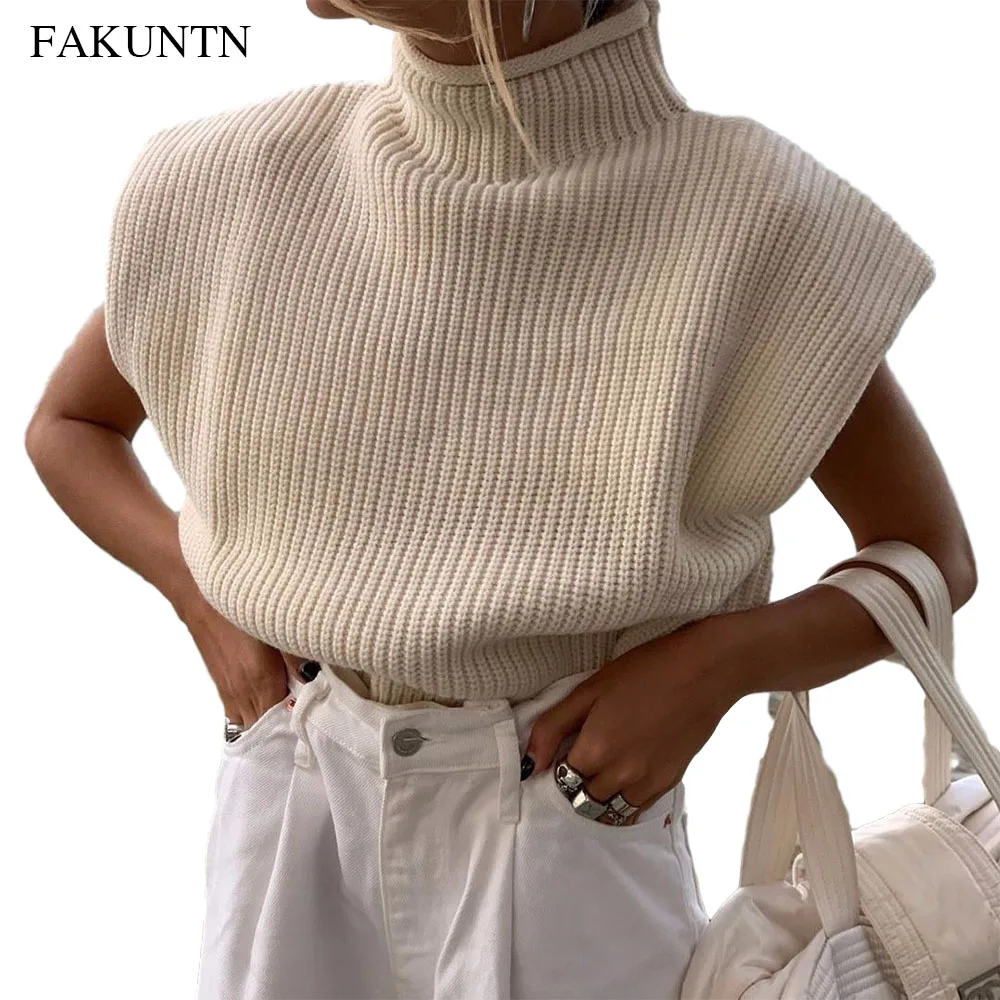 

Women's Sleeveless Sweater Female Autumn 2020 Knit Tops Turtleneck Fashion Casual Shoulder Pad Pullover Winter New Sweater Women