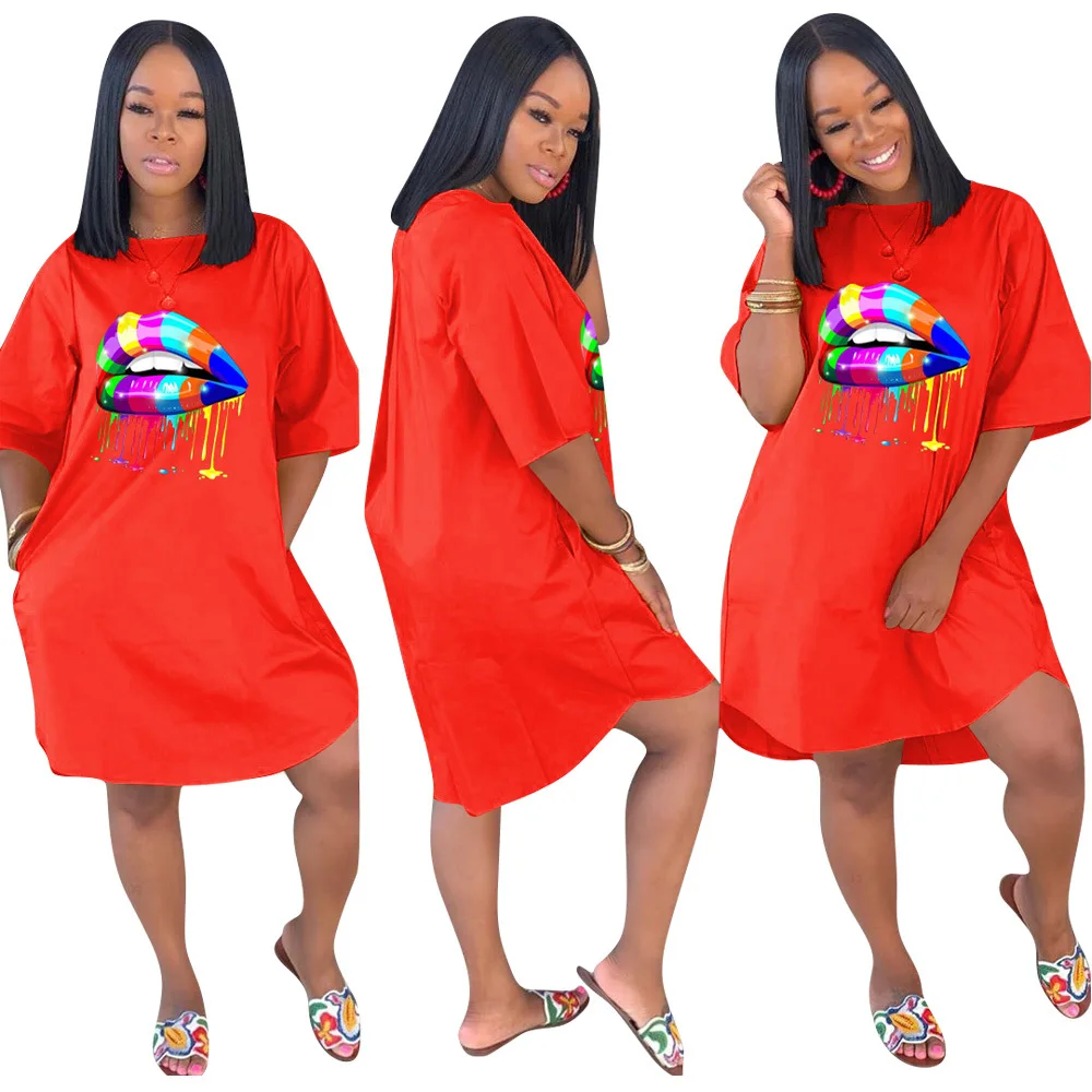 Colorful lip print sexy women dress o neck casual robe femme lady sexy short sleeve summer dresses DMN018