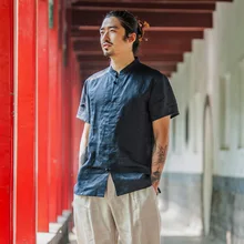 Мужская одежда Лето нео-китайский стиль ретро Стенд воротник рами короткий рукав мужские рубашки D491