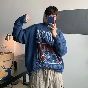 

2019 Autumn And Winter New Youth Popular Printed Pullover Couple Fashion Casual Loose Round Neck Sweater Gray / Brown M-XL