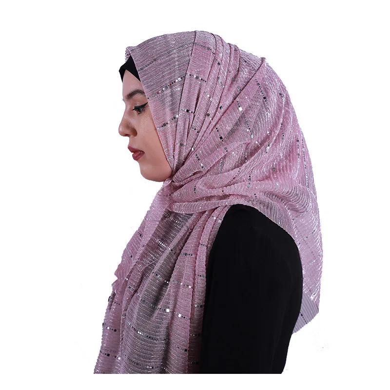 Модные цвета: золотистый, серебристый шелковый шарф с пайетками Для женщин Hijab шарф Мусульманский женский Хиджаб Шапки Ислам Костюмы турецкий тюрбан платок на голову