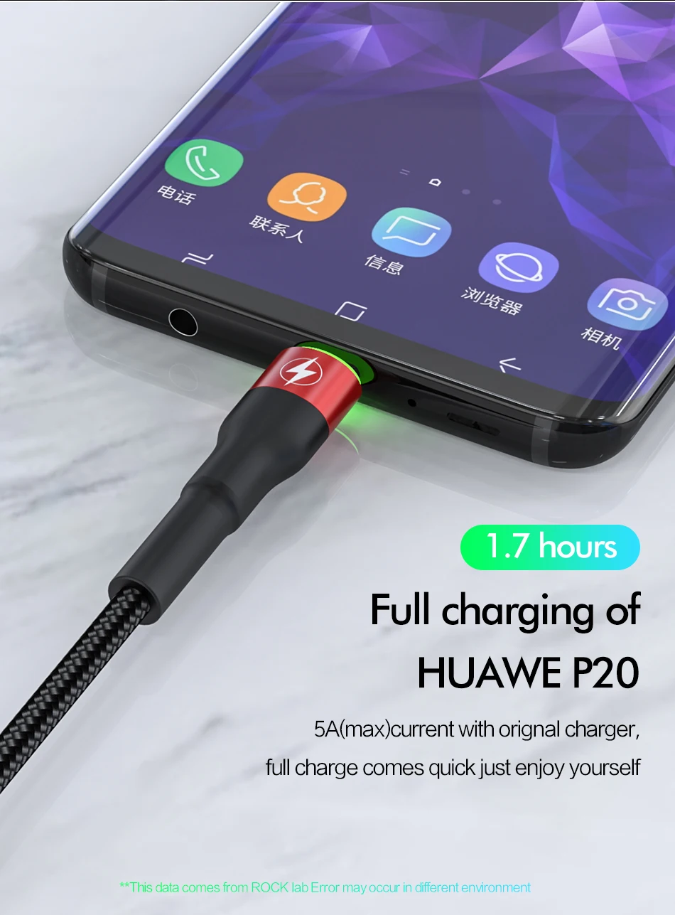 ROCK type C 5A светодиодный светильник usb type C кабель USBC Быстрая зарядка QC 4,0 зарядное устройство type-c светильник ing кабель для samsung S10 S9 Xiaomi 9 8