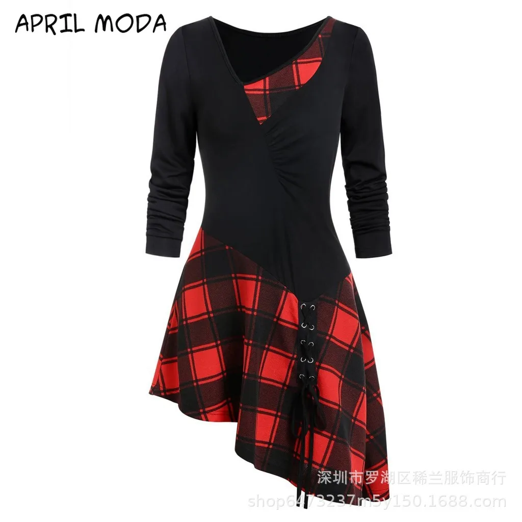 

Vintage Fashion Women Long Sleeve Cold Shoulder Cross Lace Up Plaid Print Irregular Dress Casual Long girl Tops Dress Female New