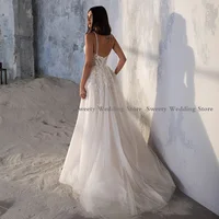Sexy Sparkling Wedding Dress Customized Spaghetti Straps V Neck Sequined Lace High Slit Soft Tulle  Dresses Bridal Gown Backless 2