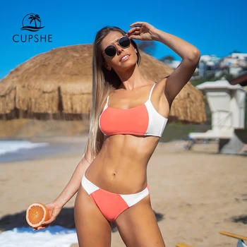 

CUPSHE Pink and White Colorblock Low-waisted Bikini Sets Sexy Tank Swimsuit Two Pieces Swimwear Women 2020 Beach Bathing Suits
