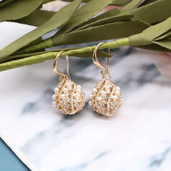

Free Shipping Drop-Pearl Earring Temperament Hollowout Texture Designs Glitter Rhinestone