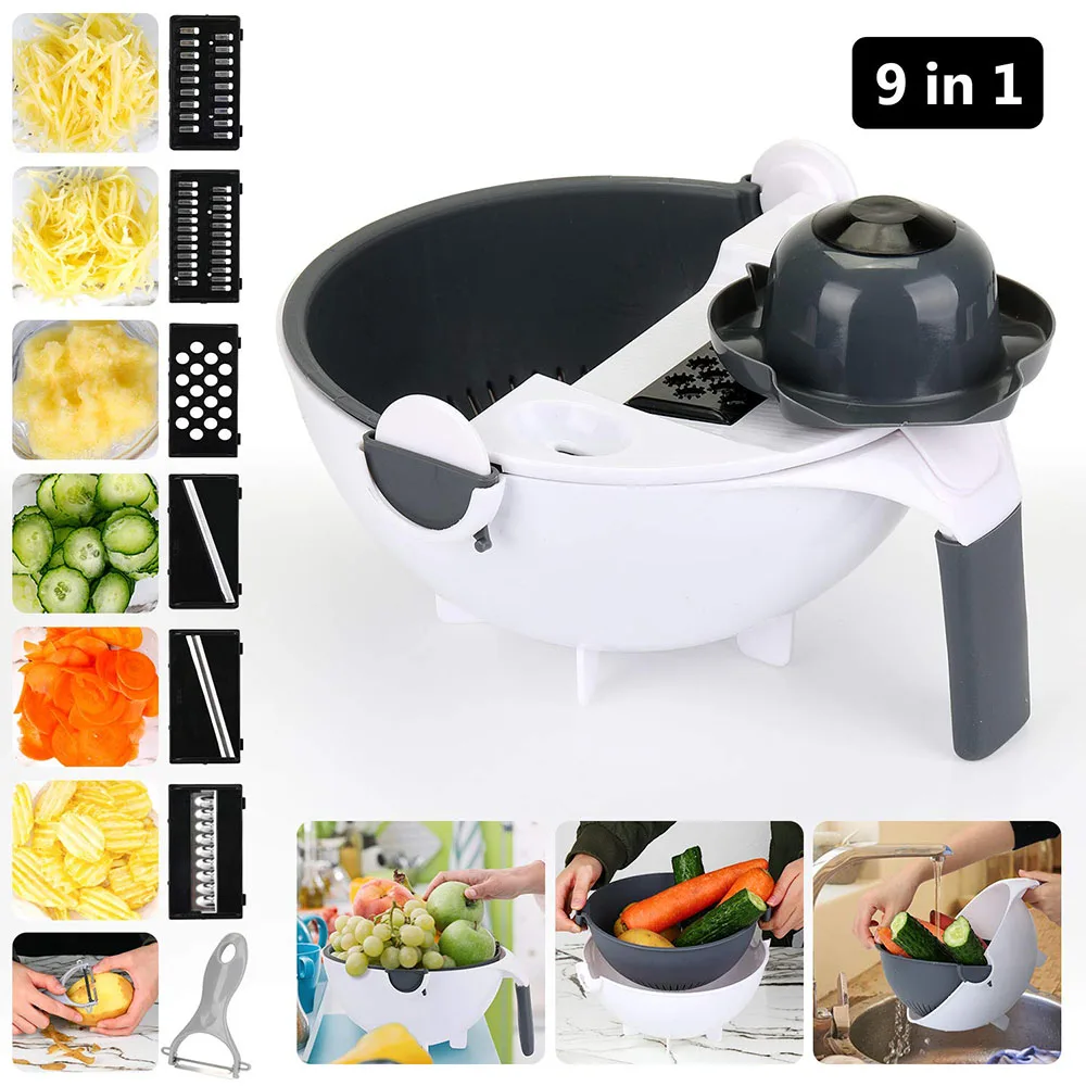 

9 in 1 Vegetable Cutter with Drain Basket Multifunctional Vegetable Mandoline Slicer Manual Graters for Food Fruit Potato Carrot