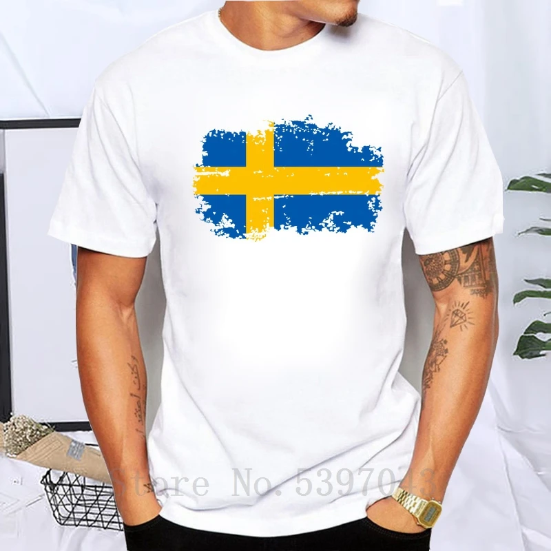 Nostalgic Sweden National Flag T Shirts For Men Design Cotton Fashion Tops Casual White T-Shirt Short Sleeve |