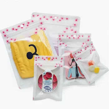 

100pcs Cherry Blossom Transparent Plastic Bag with Hanging Hole Mask Jewelry Packaging Bag Ziplock Bag with Tear Notch