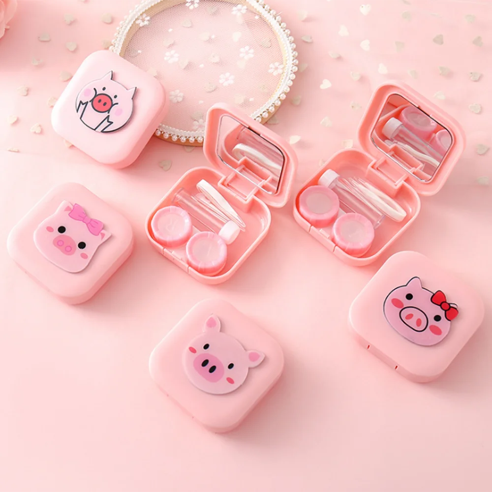 Милый унисекс мультфильм свинья Путешествия Контактные Линзы Чехол розовый цвет