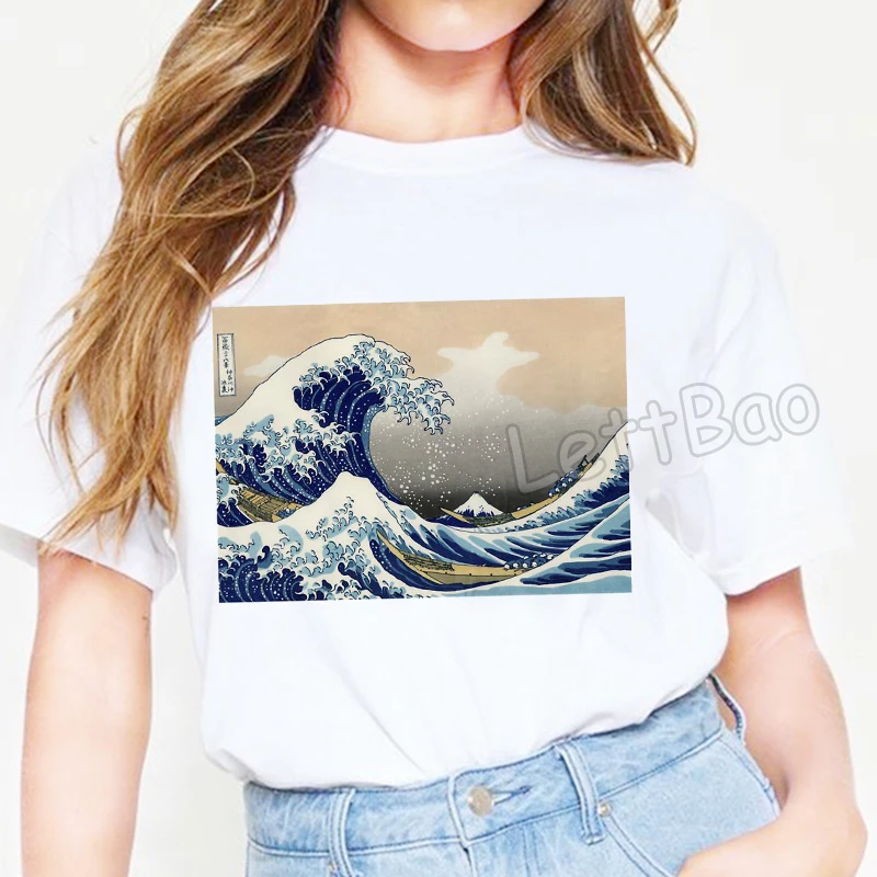 

Graphic Tees Women The Great Wave Off Kanagawa By Katsushika Hokusai Reproduction Print Cotton T Shirt Vintage O-Neck Streetwear
