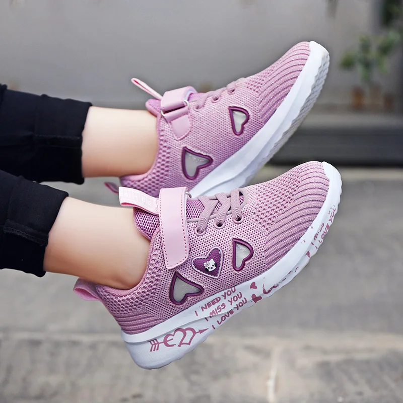 

2020 Girls Sneakers Spring Summer New Breathable Knitted Mesh Kids Sports Shoes Hollow Out Soft School Girl Running Shoes D05081