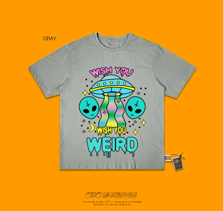 Camiseta, уличная одежда, топ, эстетика, уличная одежда, Harajuku, пара, индивидуальная, Ins, ручная роспись, Паровая волна, инопланетянин, НЛО, круглый вырез