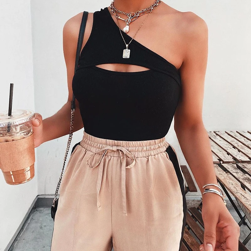 Ribbed swimwear women 2020 One shoulder swimsuit female one piece bodysuit Hollow out bathing suit monokini Solid swimming suit