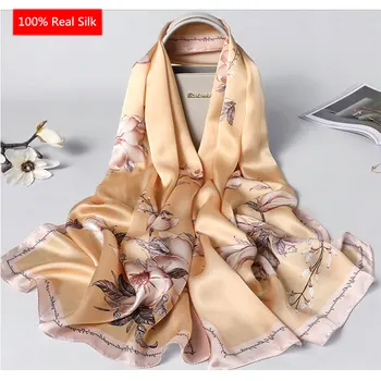 

Designer 100% Real silk scarf women luxury brand shawls and wraps elegant floral print pashmina soft winter scarves femme hijab