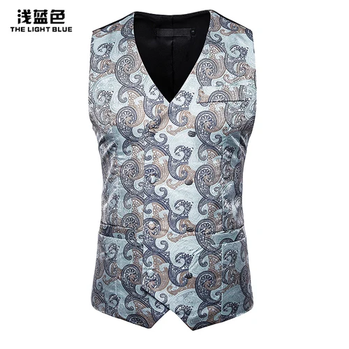 light blue Высококачественный мужской жилет с узором пейсли,, двубортный, нежный, мужской жилет, мужские, вечерние, для банкета, смокинг, Chaleco Hombre Gilet Homme - Цвет: light blue
