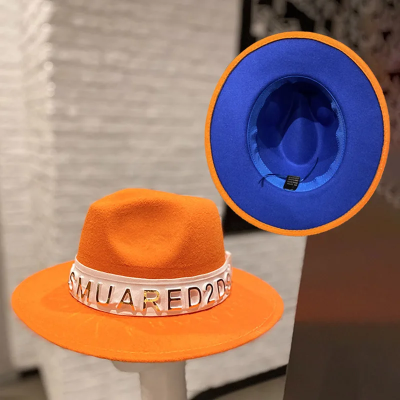 blue fedora Wholesale Fedora ladies jazz hat autumn and winter British style orange purple top hat men's winter hat шапка женская зима 2021 yellow fedora