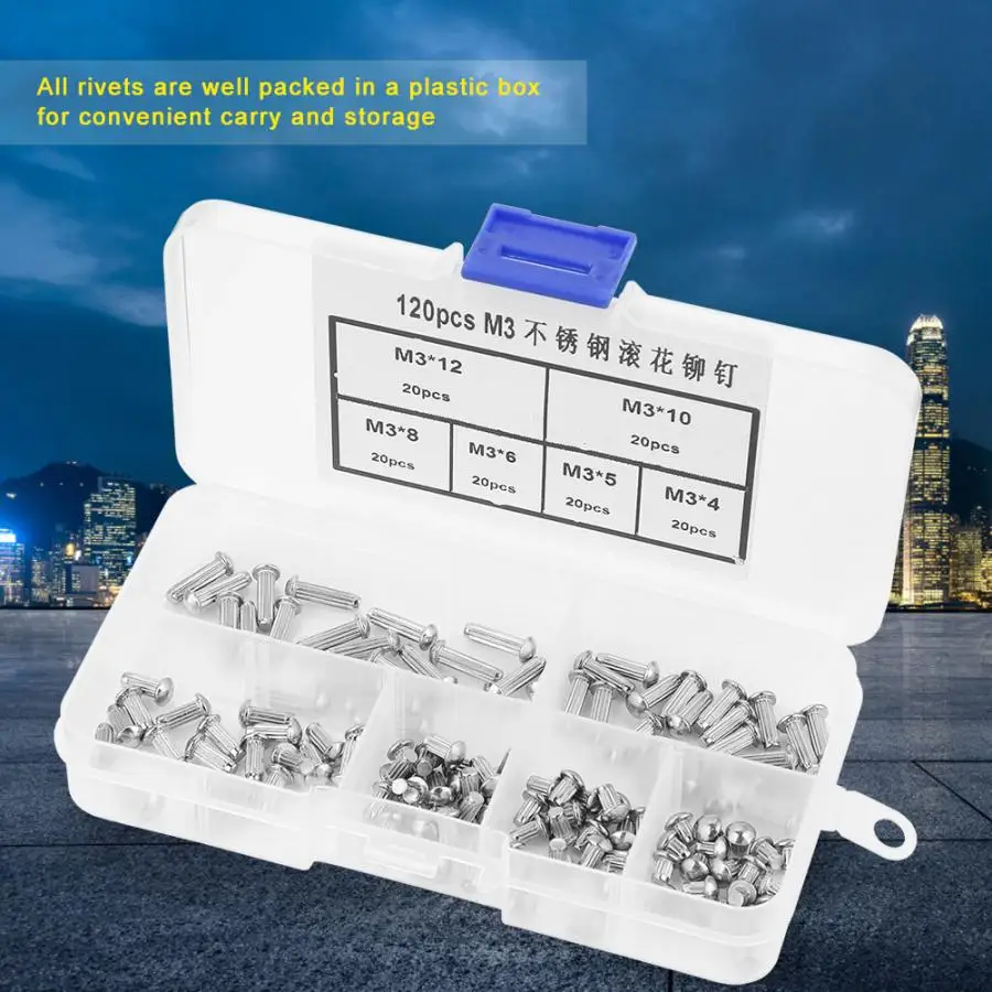 

120Pcs/Lot M3 Stainless Steel Round Knurled Shank Solid Rivets Assortment Set countersunk rivets