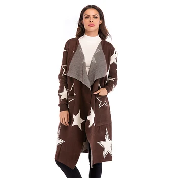 

Knit Sweater Women Autumn Jacket 2019 Fashion Winter Thick Warm Cardigan Loose Star Pattern Knitted Sweaters Big Lapel Long Coat