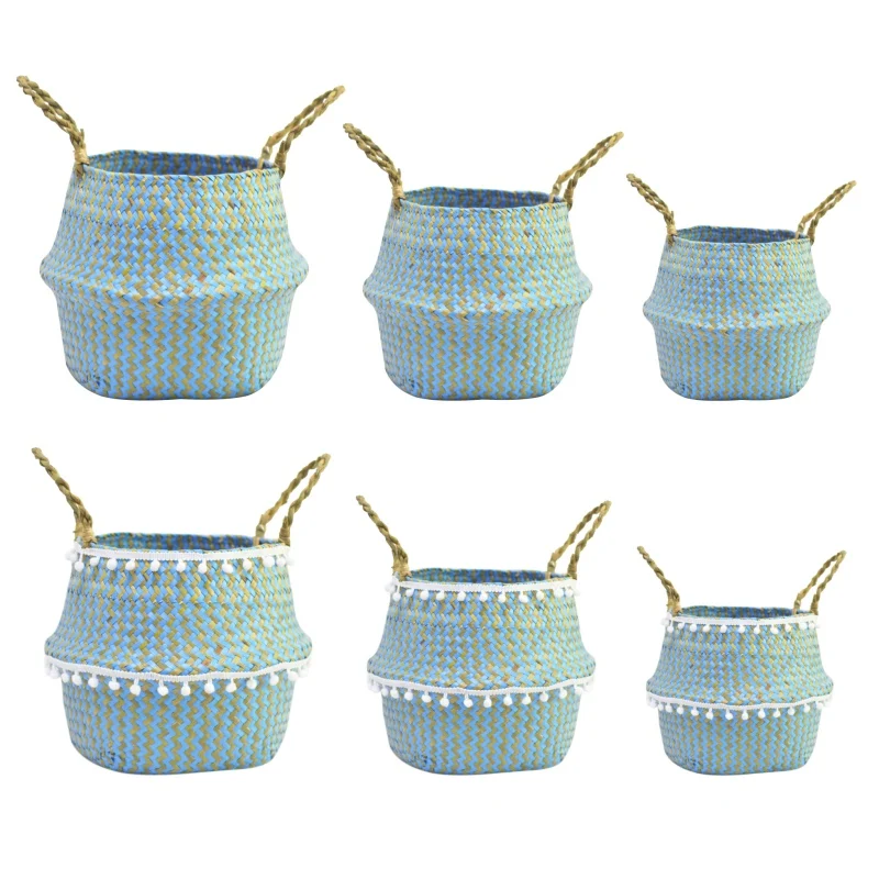 

Storage Baskets Garden Flower Pot Planter Basket Laundry Straw Patchwork Wicker Rattan Seagrass Belly Foldable DIY Basket