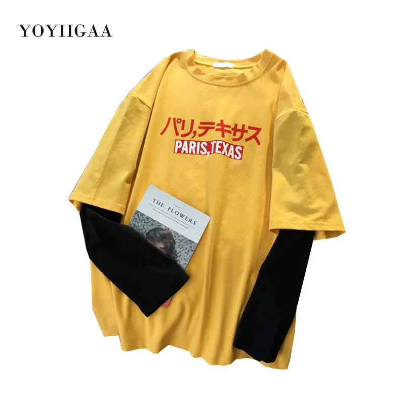 Yellow Полосатая футболка, женские топы, Лоскутная Женская футболка из 2 частей, новые женские топы, футболка с длинным рукавом, футболки с круглым вырезом, Женский Топ - Цвет: Yellow