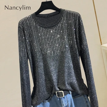

2019 Autumn Winter New Korean Hot Diamond Knit Sweater Women Loose Long-sleeved Bright Silk Shirt Top Femme Befree Jumper