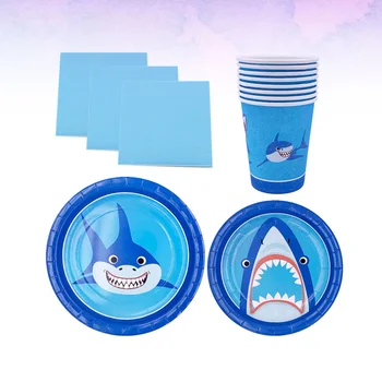 

40pcs Shark Theme Disposable Tableware Paper Cup Plates Napkins Set Lovely Shark Pattern Dinnerware Set Party Supplies (8 7 Inch