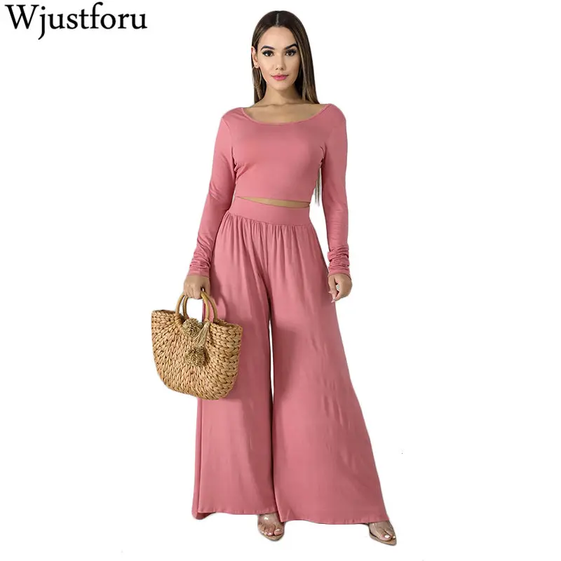 Wjustforu, 8 цветов, повседневный комплект из 2 предметов, спортивный костюм, женская футболка с длинным рукавом + широкие штаны, осенняя мода
