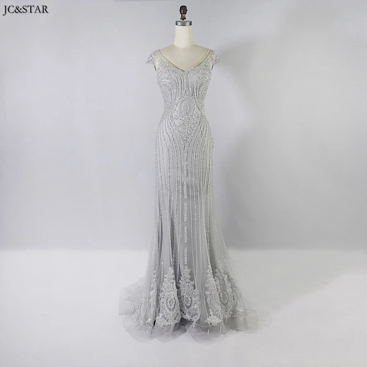 Серебристый Vestidos de fiesta de noche talla grande, новинка, кружевное, с коротким рукавом, серебряное, сексуальное, Русалка, Дубай, вечернее платье, длинное, для выпускного вечера - Цвет: Серебристый