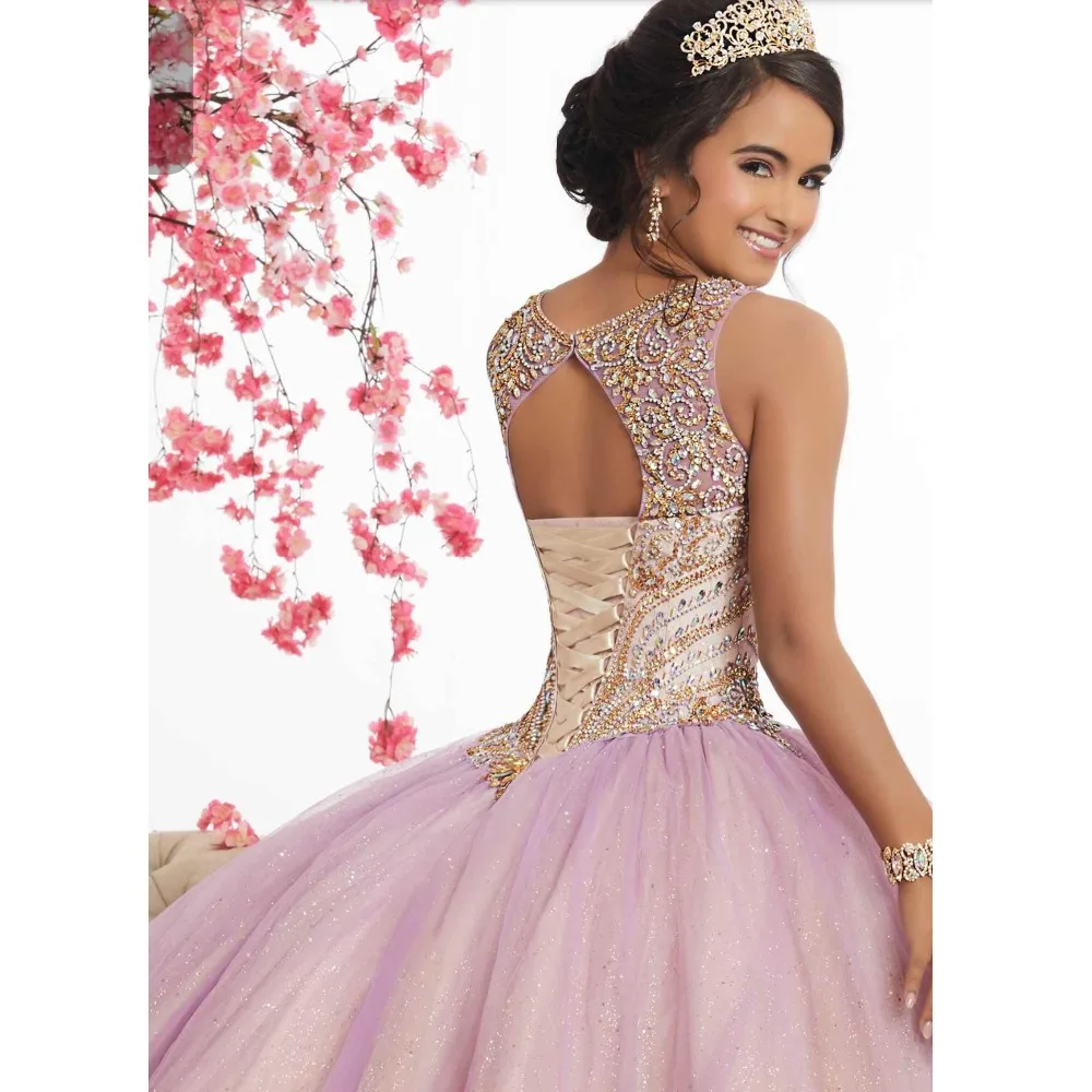 Pink Tulle Long Quinceanera Dresses Ball Gowns New Design Beading Top Sweet 16 Dress Incinerate vestido de 15 anos