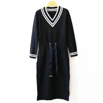 

Women Dress 2020 Spring New Navy Stripe Lace Knit Dress