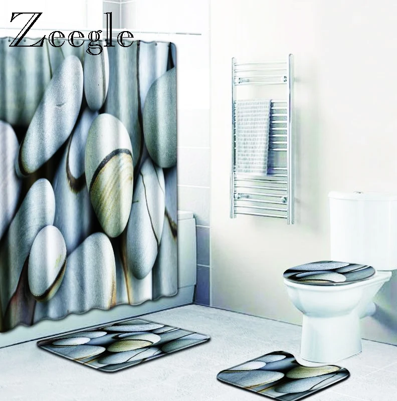 Zeegle Printed Stone Bathroom Mat Set Modern Bathroom Mat Shower Curtain with Hooks Toilet Seat Cover Bath Rug Home Floor Pad