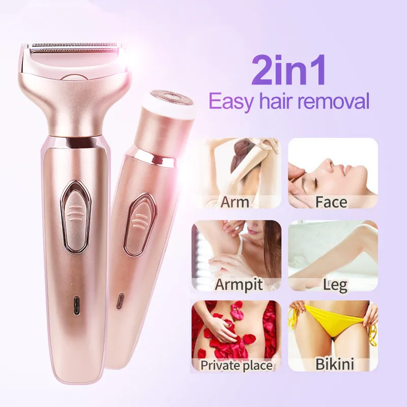 

2in1 Womens Electric Lady Shaver Razor Epilator Arm Leg Armpit Body Hair Remover Trimmer USB Rechargeable for Face Body