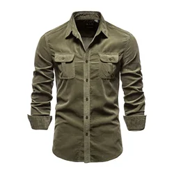 2022new xfh 2021 novo único breasted 100% algodão camisa masculina negócios casual moda cor sólida veludo camisas masculinas outono