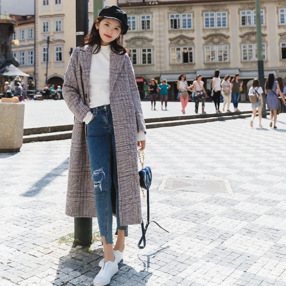 

Photo Shoot INS British Style Thousands of Birds Suit Collar Woolen Jacket Women's 2018 Autumn And Winter over-the-Knee Long Woo