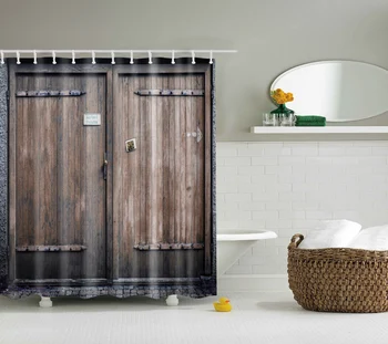 

Waterproof Thicken Polyester 3D Brown Shower Curtain Retro Wooden Door Mildew Proof Bath Tub Curtain with 12 pcs Hooks