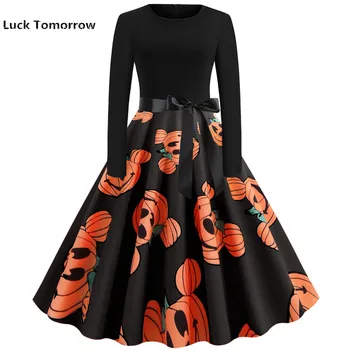 

2019 Womens Autumn Halloween Dress Plus Size Pumpkin Print A-Line Vestidos 50s 60s Vintage Elegant Party Winter Dresses