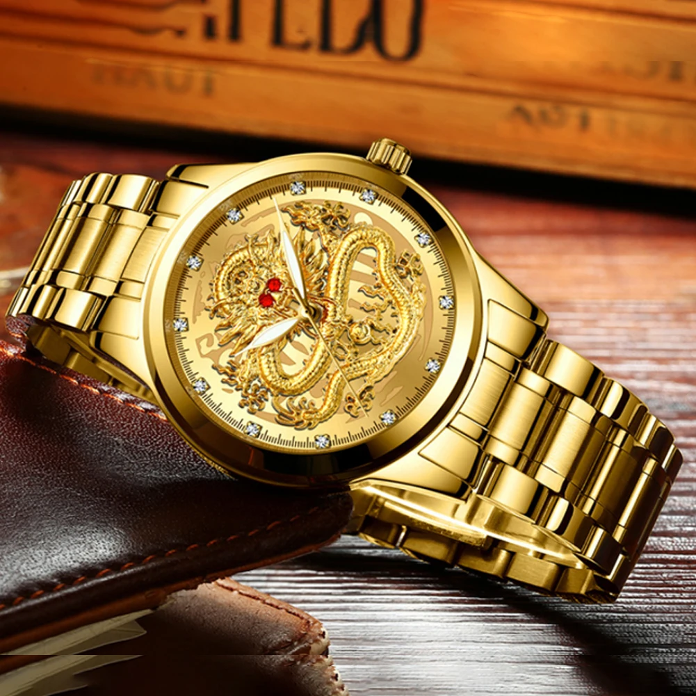 

Stainless Steel Sculpture Wrist Analog Clock Luxury Gold Dragon Waterproof Calendar Fashion Men Watch Round Dial Luminous