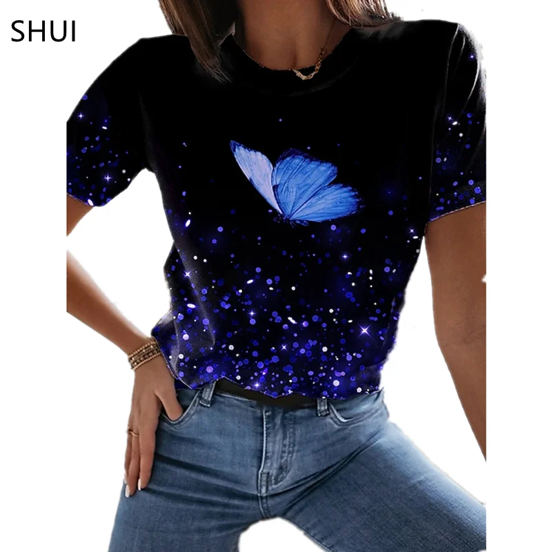 2021 New Butterfly Lady T-shirt 3D Floral Print Round Neck Casual Niche Design Sense Clothing Female Animal Series Short Sleeve