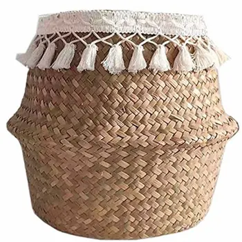 

Flower Basket Fringed Hand-woven Seagrass Basket Creative Household Items Folding Beautiful Straw Flower Basket