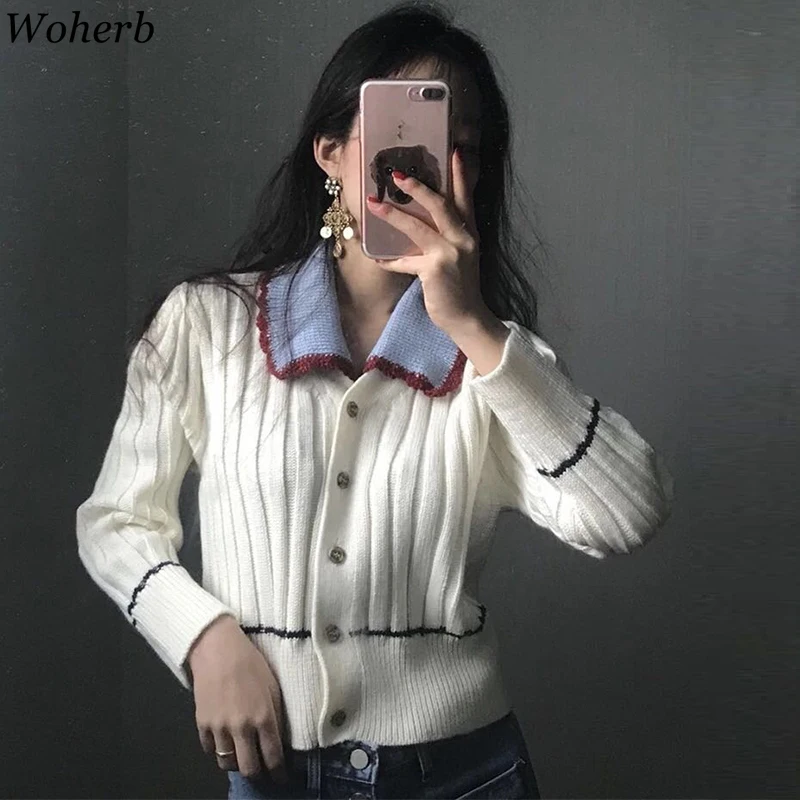 Woherb корейский Ctue свитер пальто для женщин Kawaii кардиган Джемперы контрастная полосатая куртка с отложным воротником укороченные свитера Трикотаж