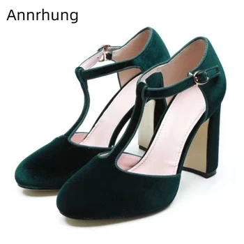 

Luxury Green Velvet Dress Shoes Woman High Hoof Heel Round Toe T-straps Side Cut Outs Chic Spring 2020 Women Pumps