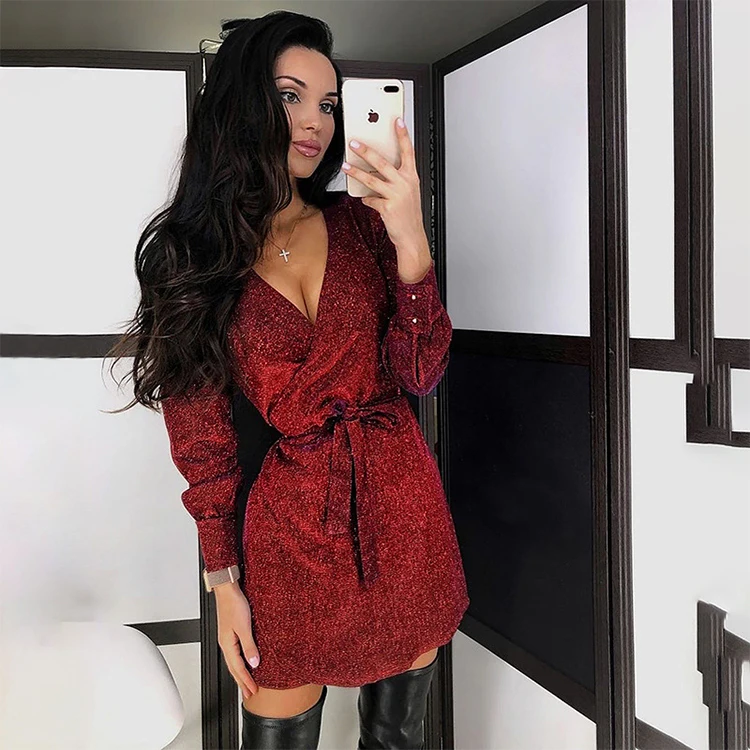 

Fashionable long sleeve V neck sashes solid lacing lurex clubwear Sexy Ladies Dress Fashion Mini women Club Party Dresses
