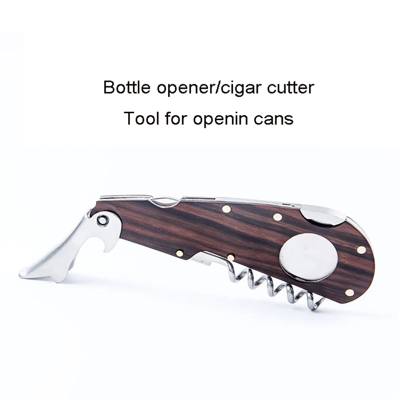 

New 4 in 1 Cigar Cutter Wine Opener Wooden stainless steel Multifunctional Cigar knife Tool With Cigar Pouch free ship