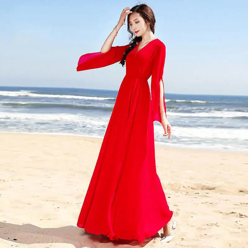 Summer Long Slit Sleeve V- Neck Ankle-Length A-Line Chiffon Big Swing Red White Black Blue Bohemia Women Cocktail Dresses 9759 | Свадьбы и