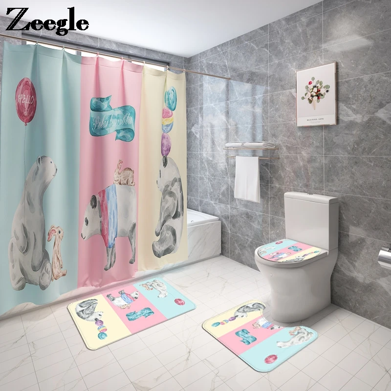Cartoon Animal Bathroom Mat and Shower Curtain Set Microfiber Toilet Rug Seat Cover Non-Slip Bath | Дом и сад