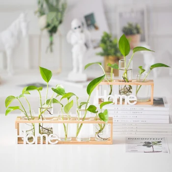 

Glass Hydroponic Bottle Transparent Flower Vase Wooden Frame Support Tabletop Creative Home Garden Coffee Shop Room JA55