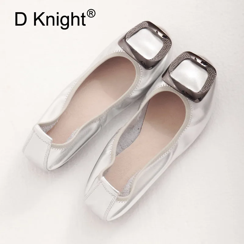 Genuine Leather Crystal Metal Loafers Ladies Ballet Flats Women Slip on Flat Shoes Candy Color Woman Boat Size 34-43 | Обувь