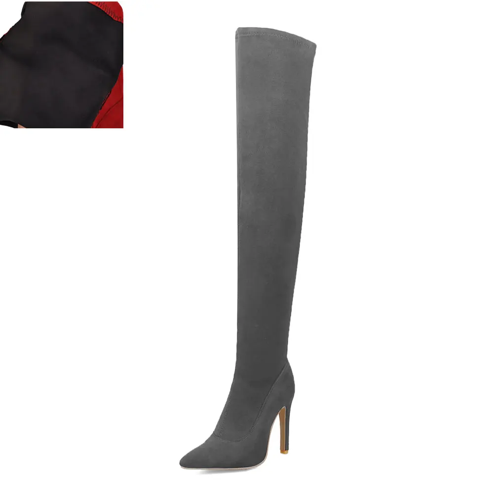 Г. Фирменный дизайн, большой размер 32-48, женская обувь, ботинки замшевые женские ботфорты на высоком тонком каблуке, обувь женская обувь красного и черного цвета - Цвет: Gray without plush